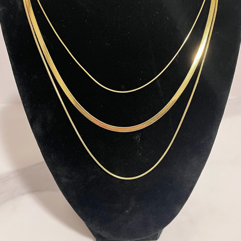 Herringbone Triple Stacked Layered Fashion Gold Plated Necklace Minimalist - Picture 5 of 7